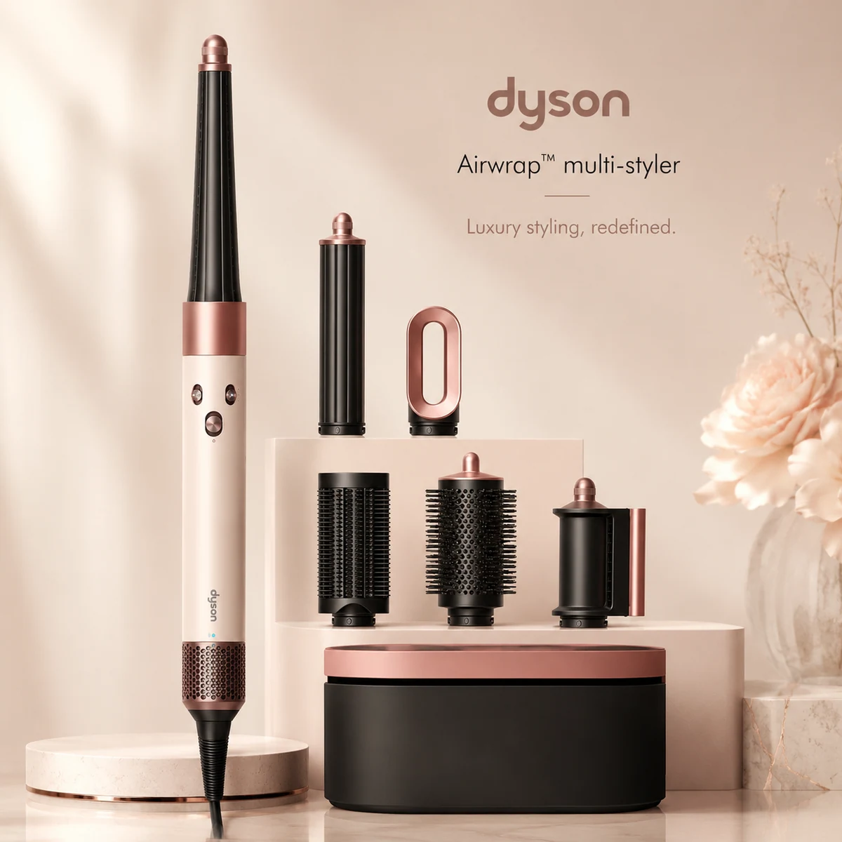 The Dyson Airwrap i.d. in Ceramic Pink and Rose Gold with its six attachments and its storage case