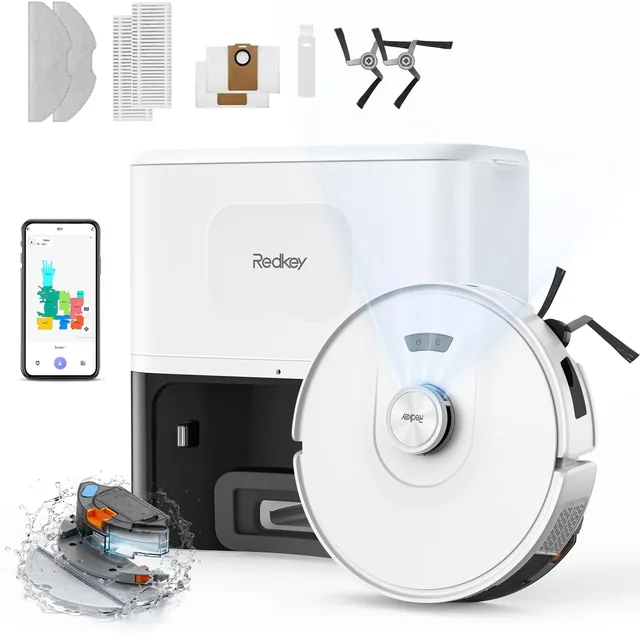 Main view of the Redkey D8, robot vacuum with self-emptying dock