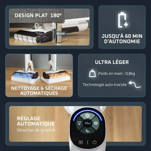 Rowenta X-Clean 10 features: flat position, runtime, self cleaning and automatic adjustment