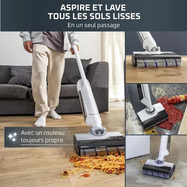 Rowenta X-Clean 10 vacuuming and washing different messes on a hard floor