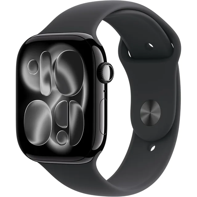 Apple Watch Series 11 GPS seen from the front, Obsidian case and black sport band