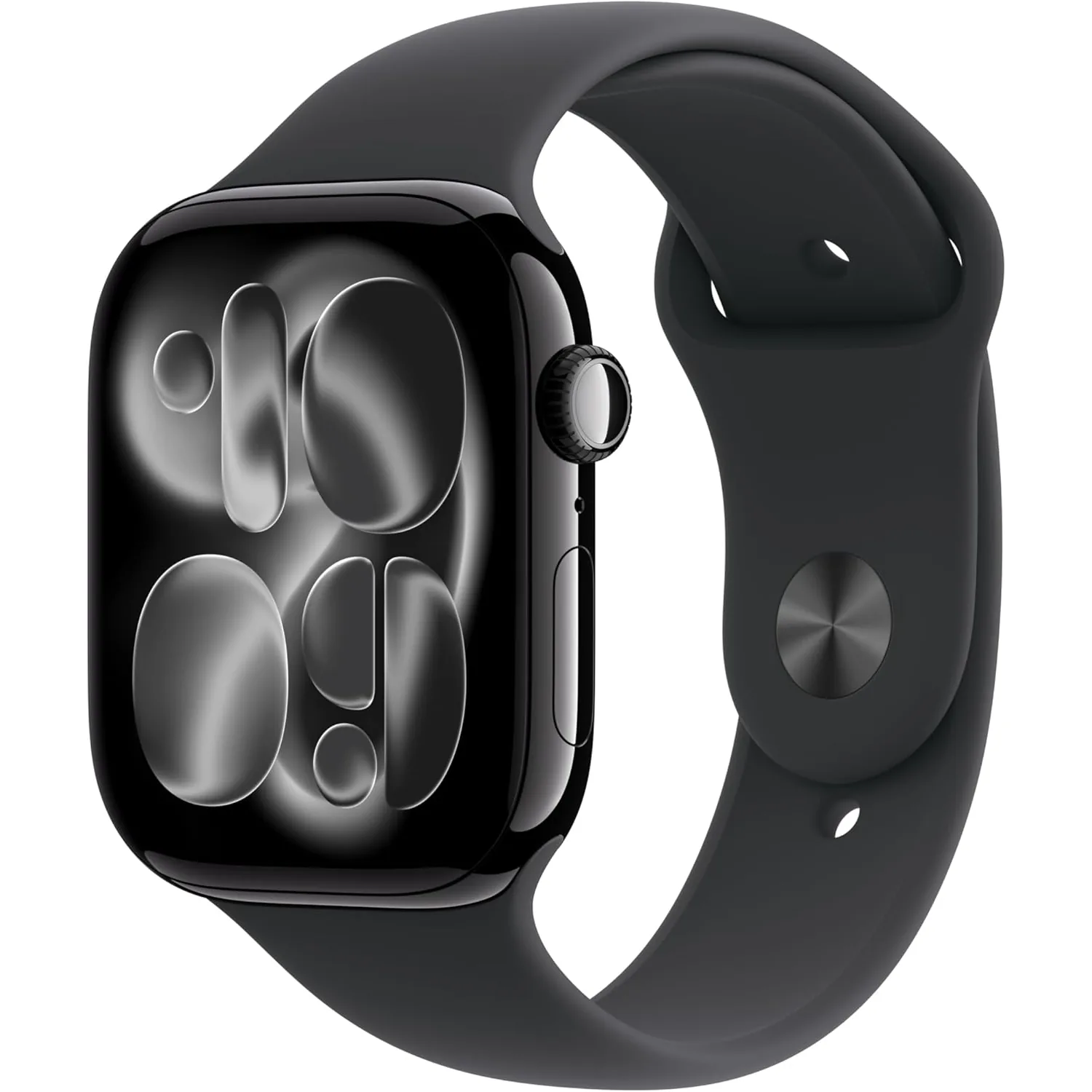 Apple Watch Series 11 GPS seen from the front, Obsidian case and black sport band